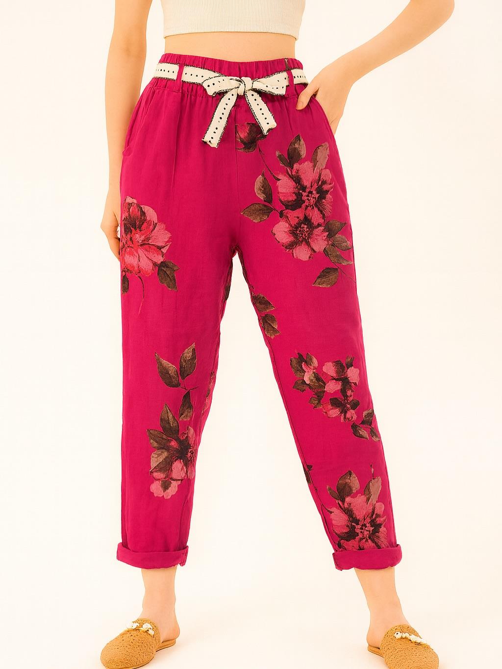 İtalyan Çiçek Desenli Havuç Keten Pantolon - FUŞYA