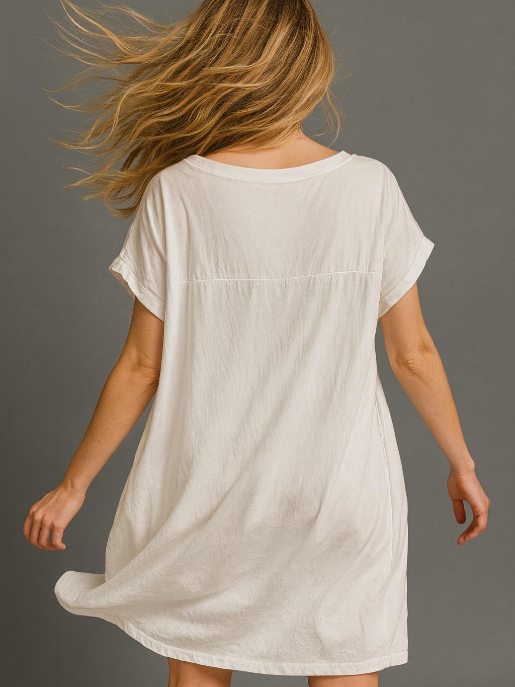 İtalyan Keten Varak Baskılı Elbise - BEYAZ