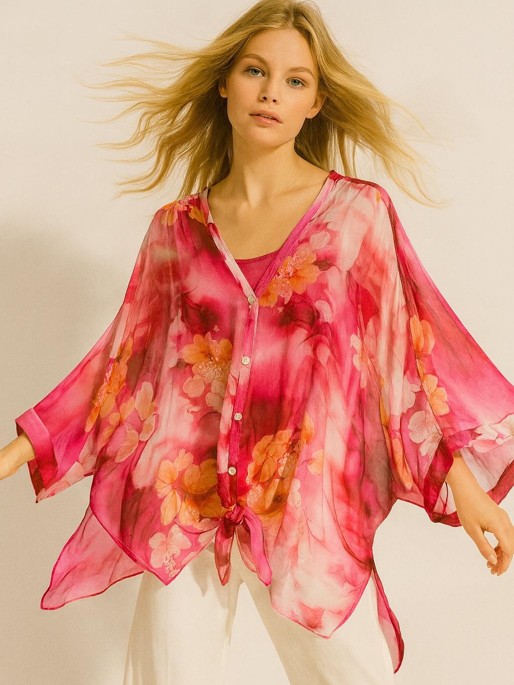 İtalyan Çiçek Desen İpek Bluz - PEMBE