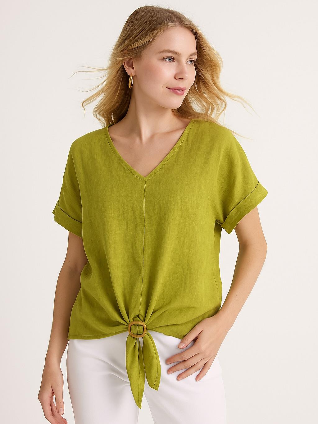 İtalyan Keten Bluz - YAĞ YEŞİLİ