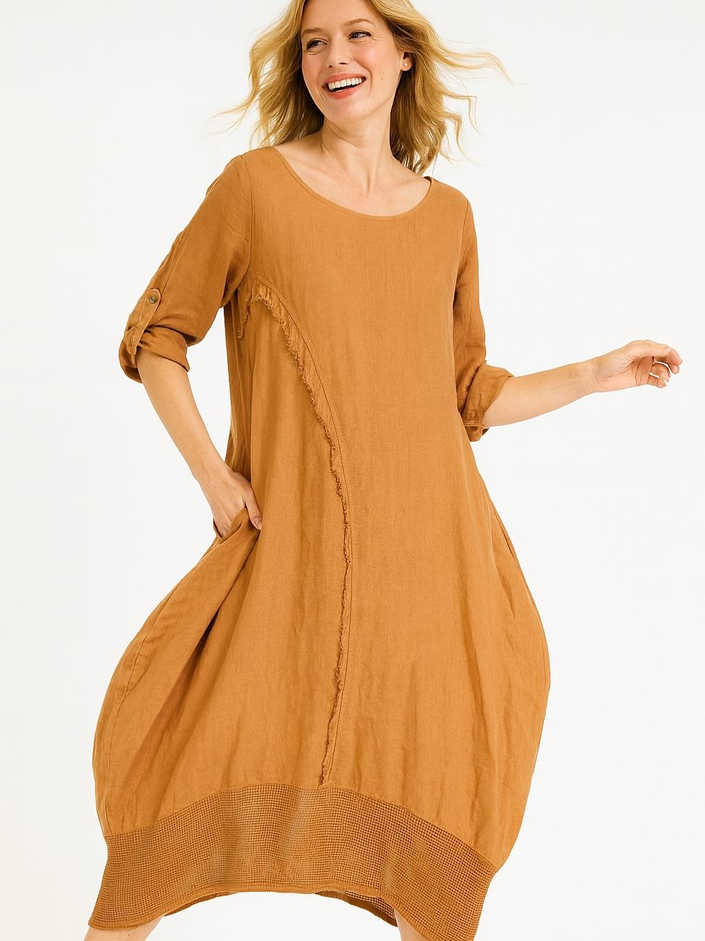 İtalyan Keten Dikiş Detaylı Elbise - BAL