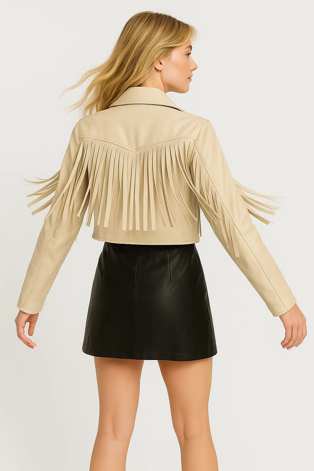 İtalyan Saçaklı Deri Ceket - KREM