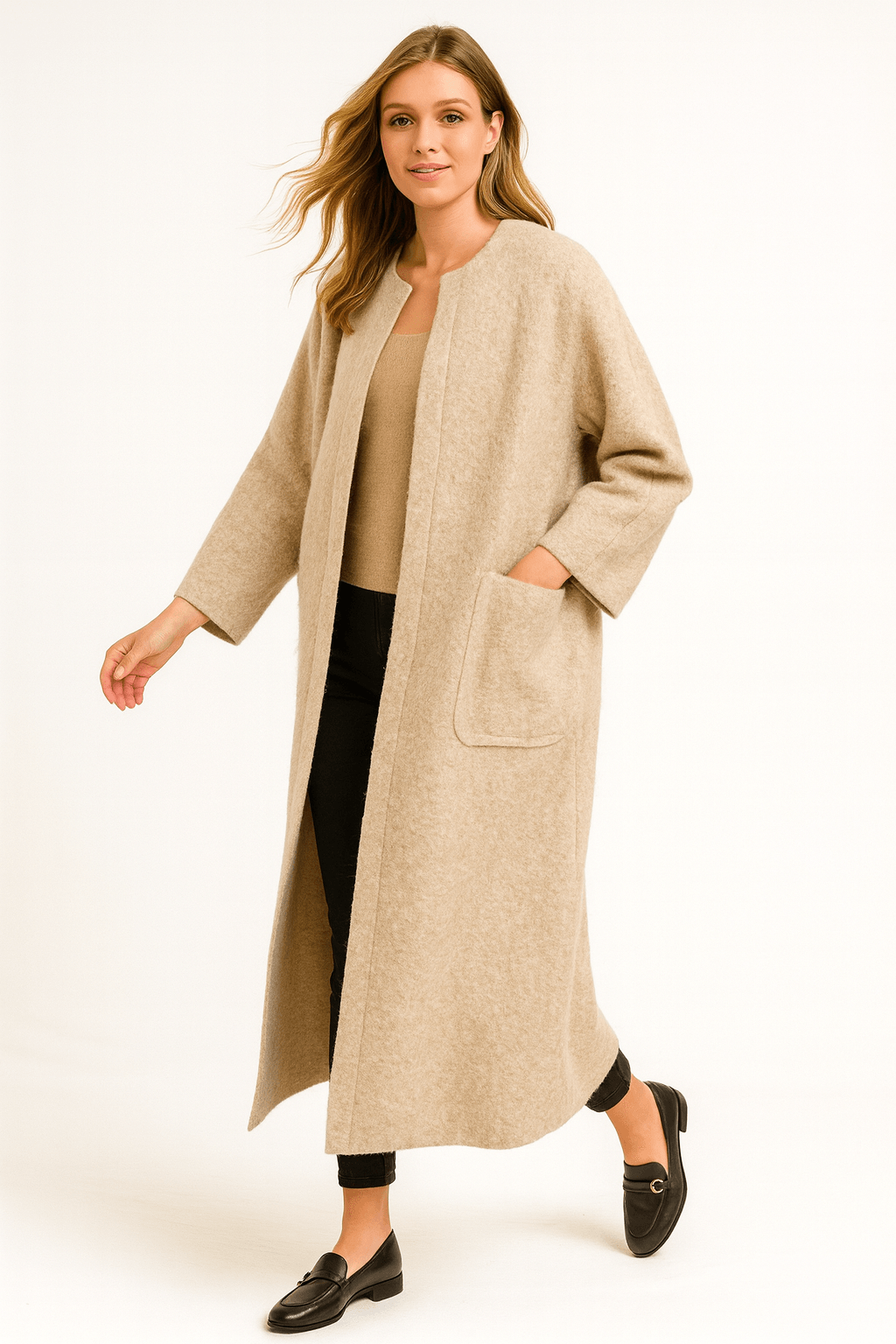 İtalyan Hakim Yaka Keçe Kaban - BEJ