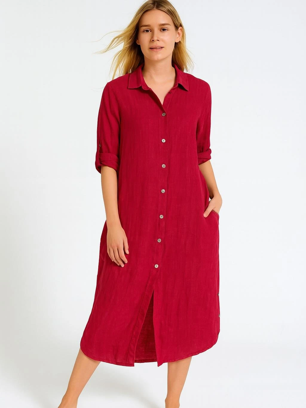 İtalyan Keten Sırtı Dantelli Elbise - BORDO