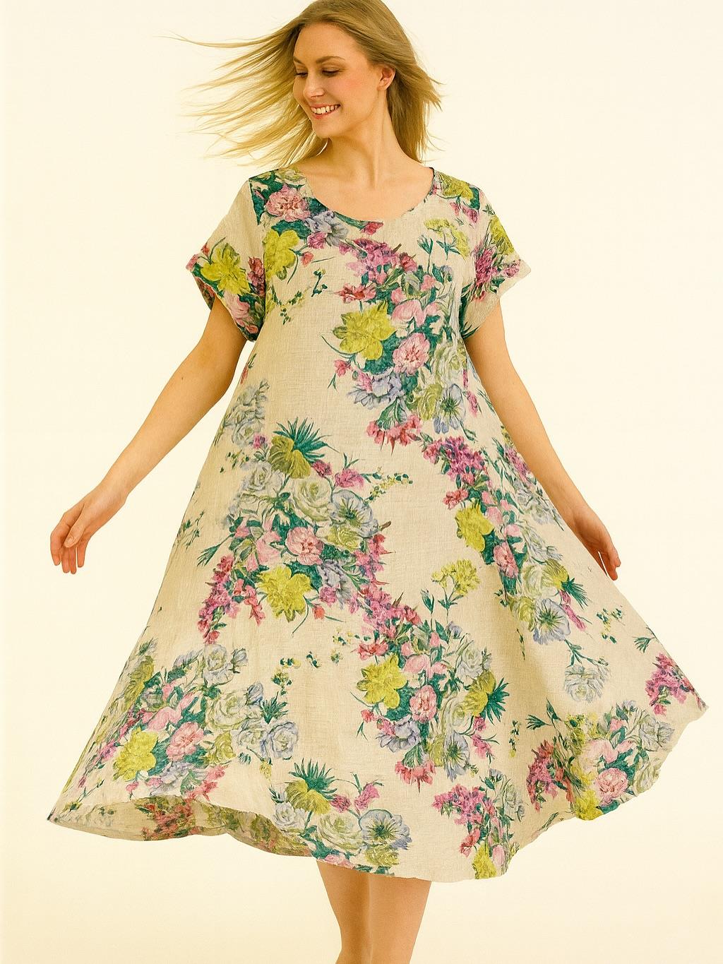İtalyan Keten Çiçek Desen Elbise - BEJ