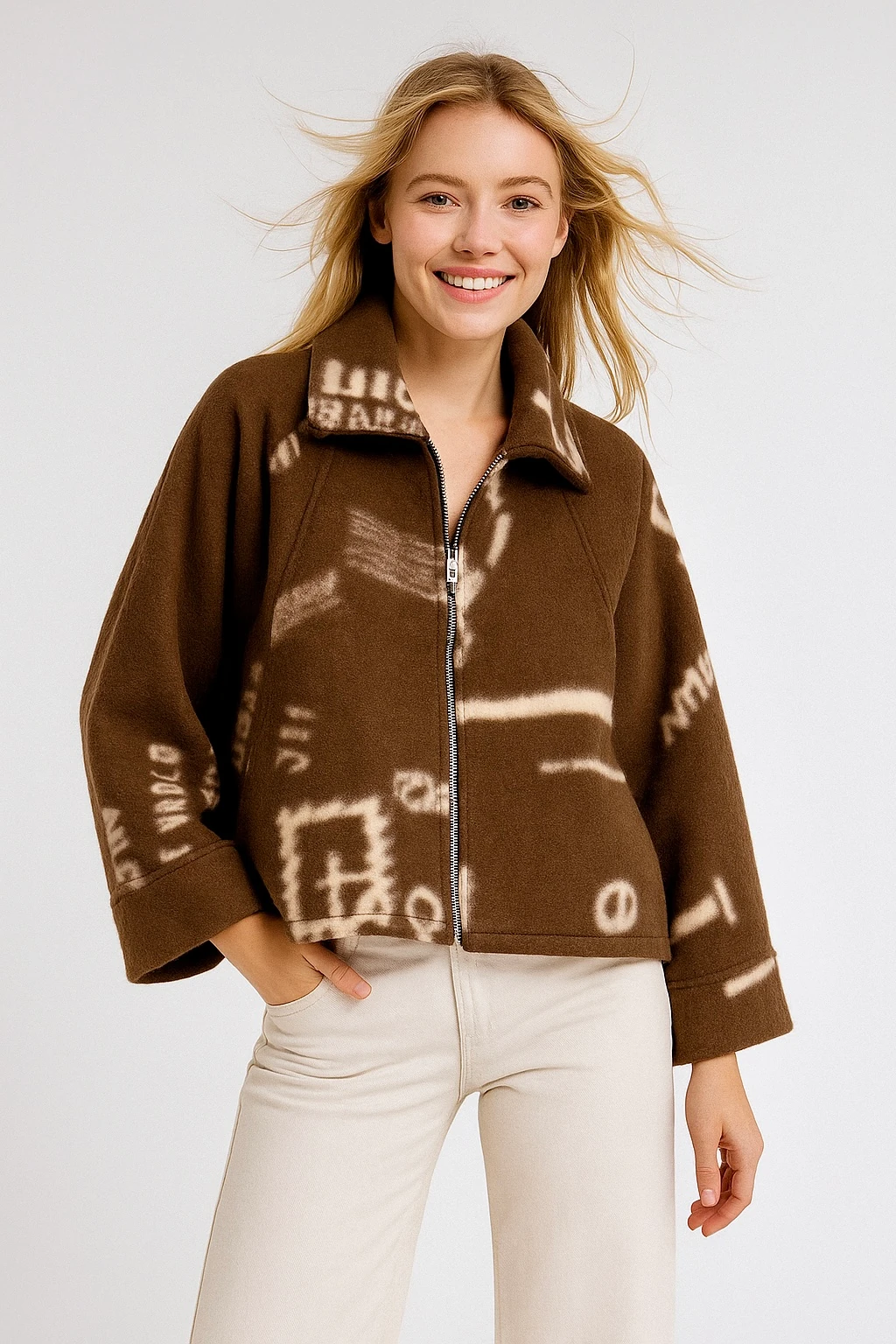 İtalyan Fermuarlı Desenli Keçe Ceket - KAHVERENGİ