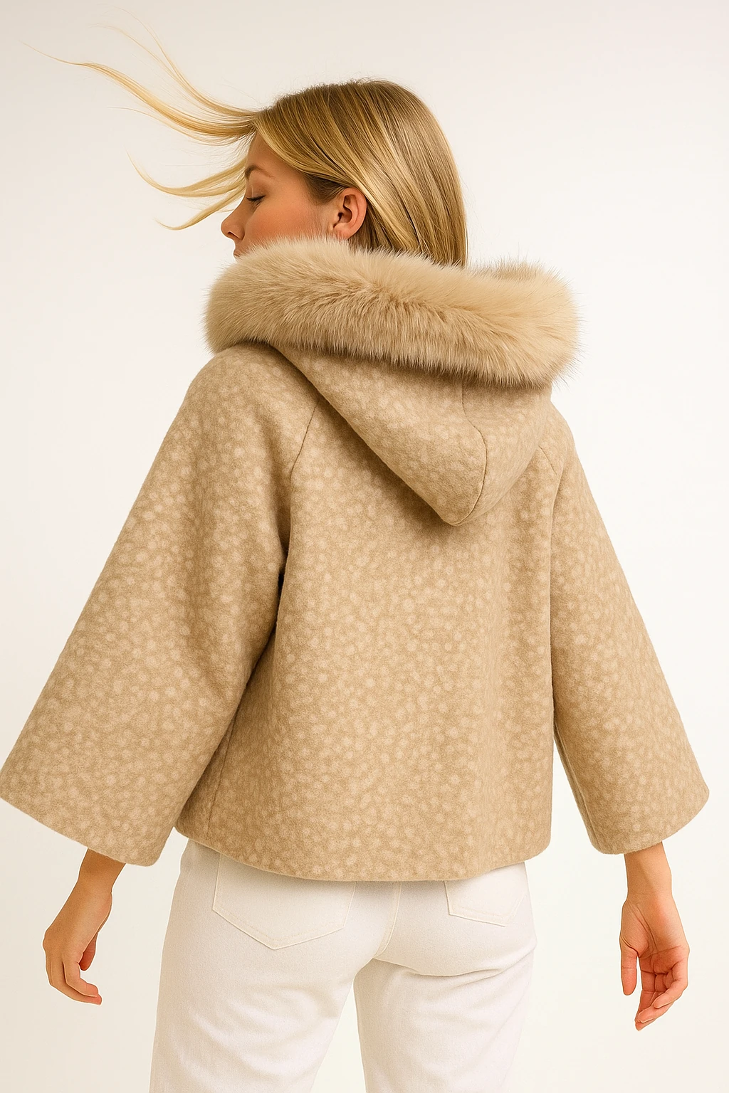 İtalyan Yaka Kürklü Kapüşonlu Keçe Ceket - BEJ