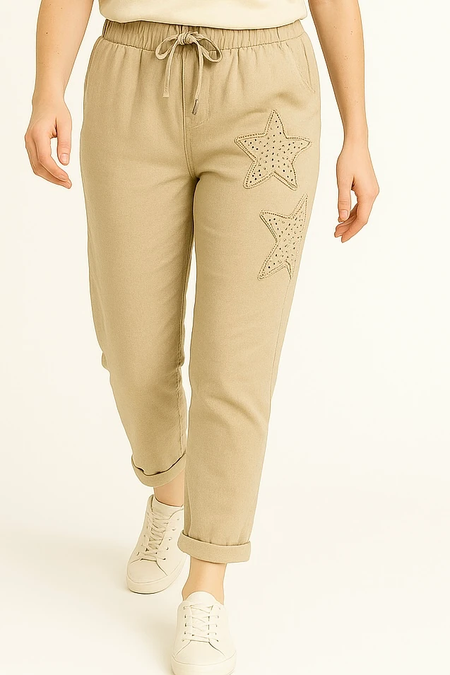 İtalyan Yıldız Detaylı Likralı Pantolon - BEJ