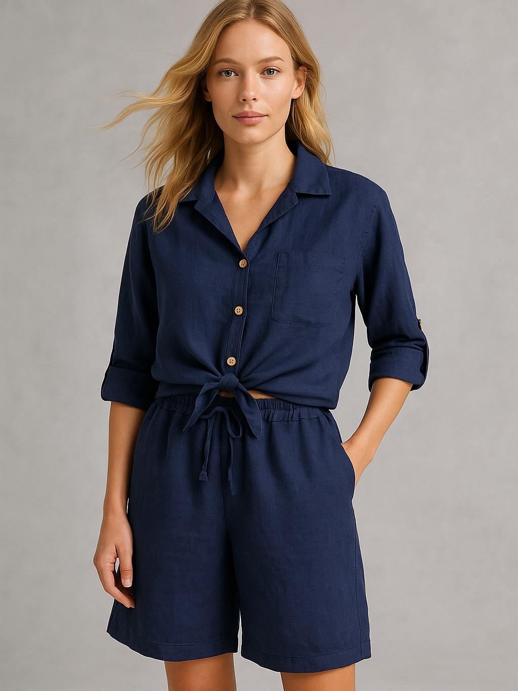 İtalyan Keten Şort Takım - LACİVERT