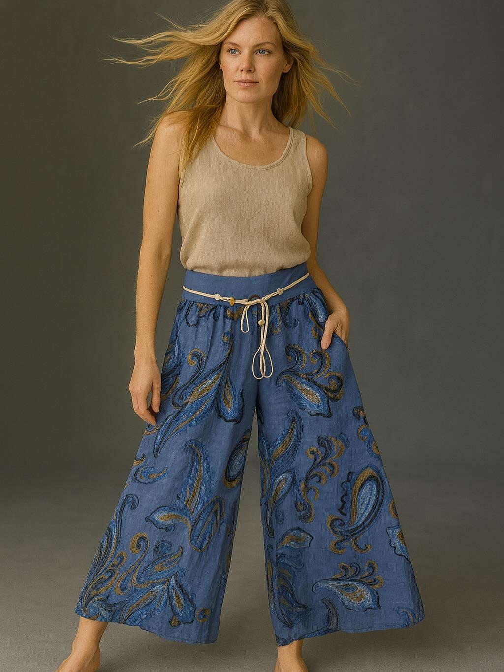 İtalyan Çiçek Desenli Keten Pantolon - MAVİ