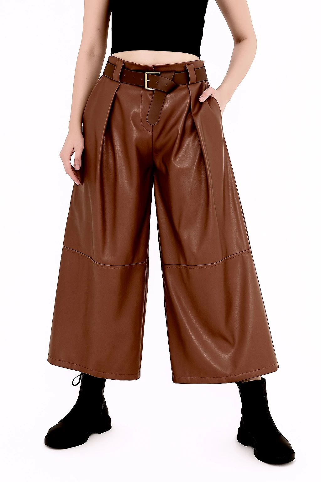 İtalyan Geniş Paça Deri Pantolon - KAHVE