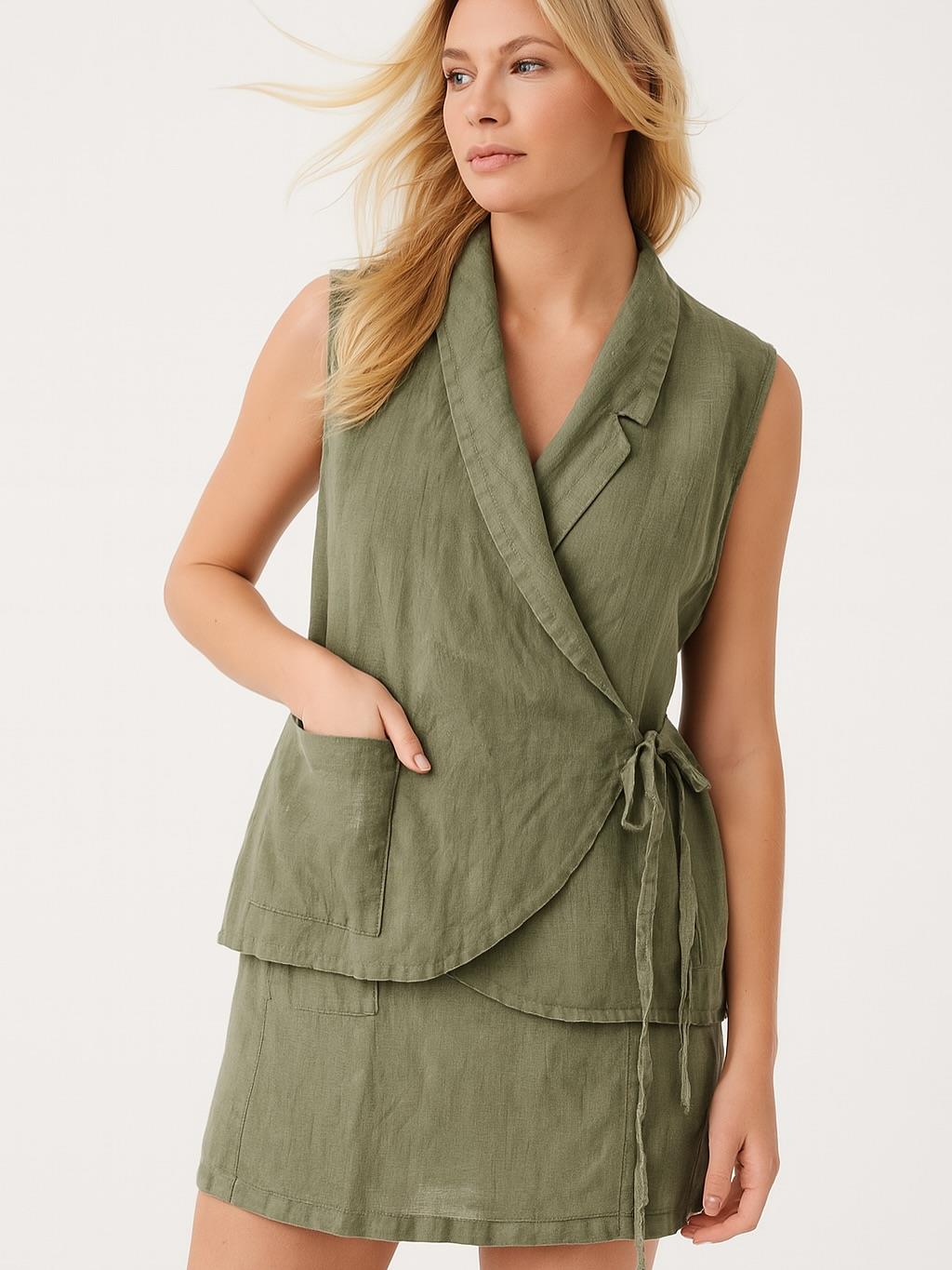 İtalyan Kravuze Keten Yelek - HAKİ