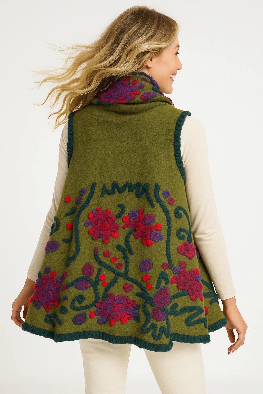 İtalyan Çiçek Kabartmalı Keçe Yelek - HAKİ