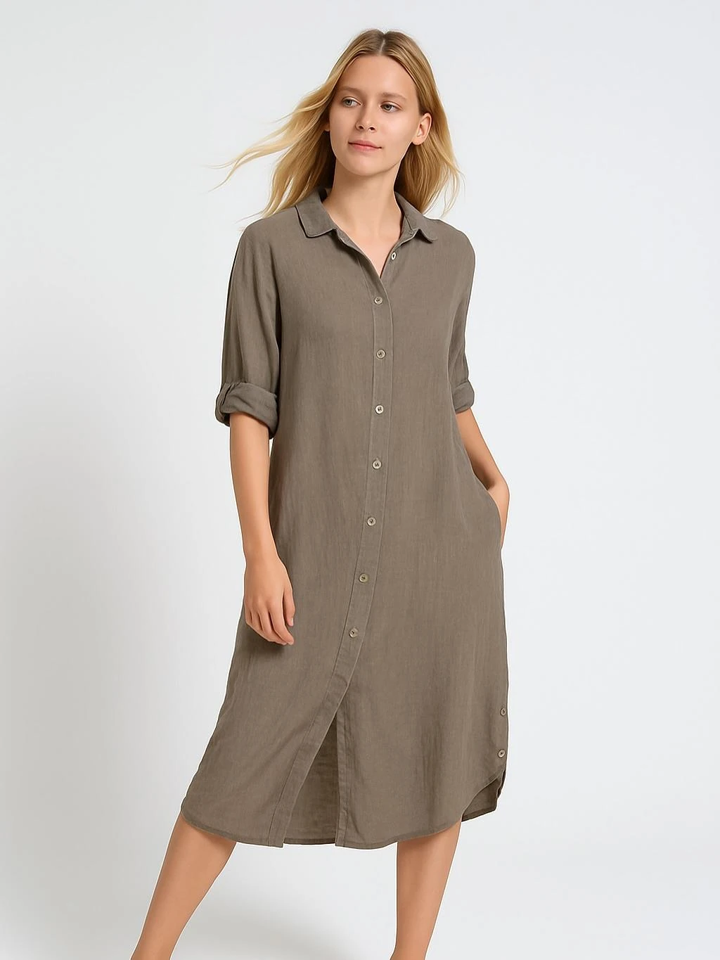 İtalyan Keten Sırtı Dantelli Elbise - VİZON