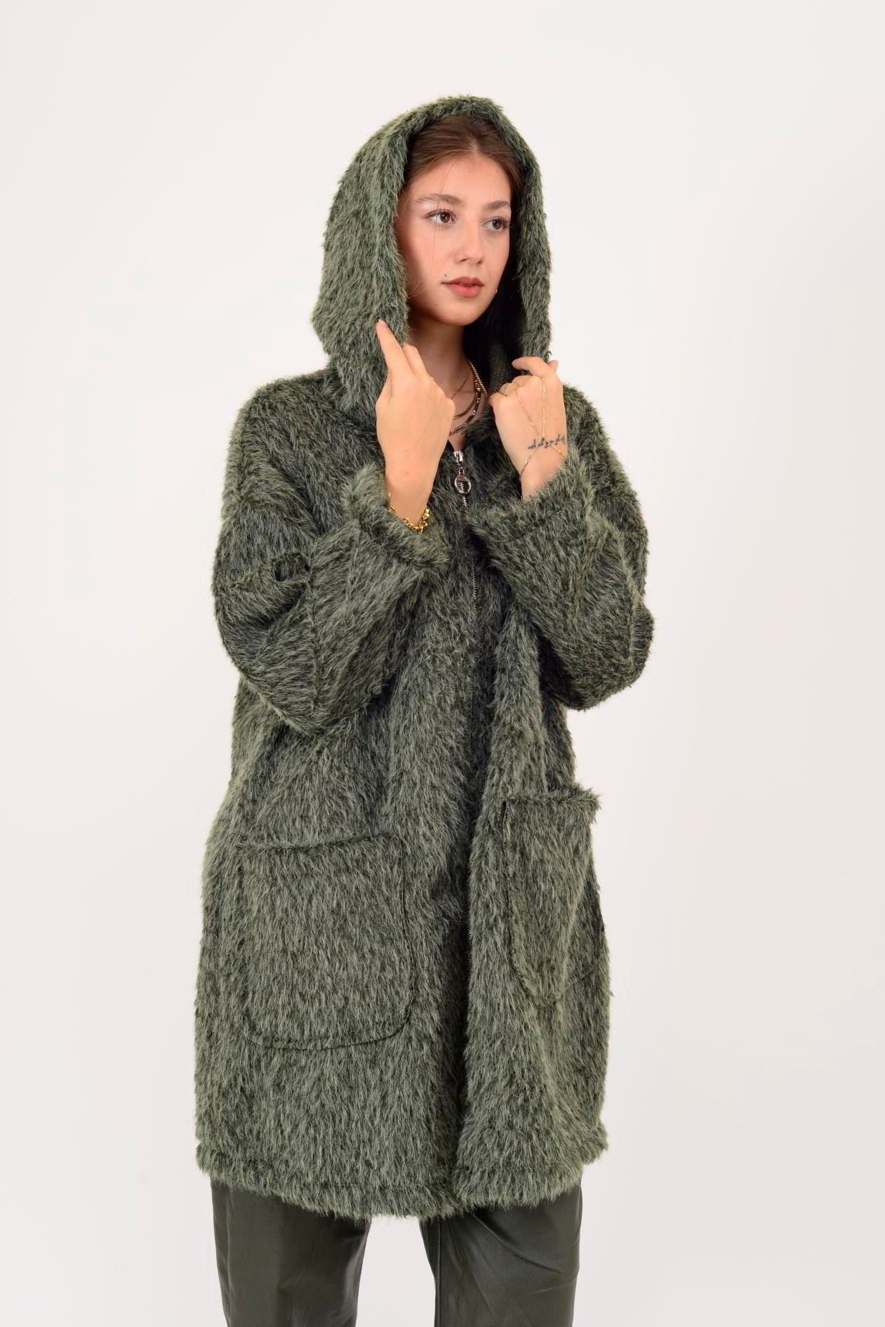 İtalyan Kapüşonlu Keçe Kaban - HAKİ