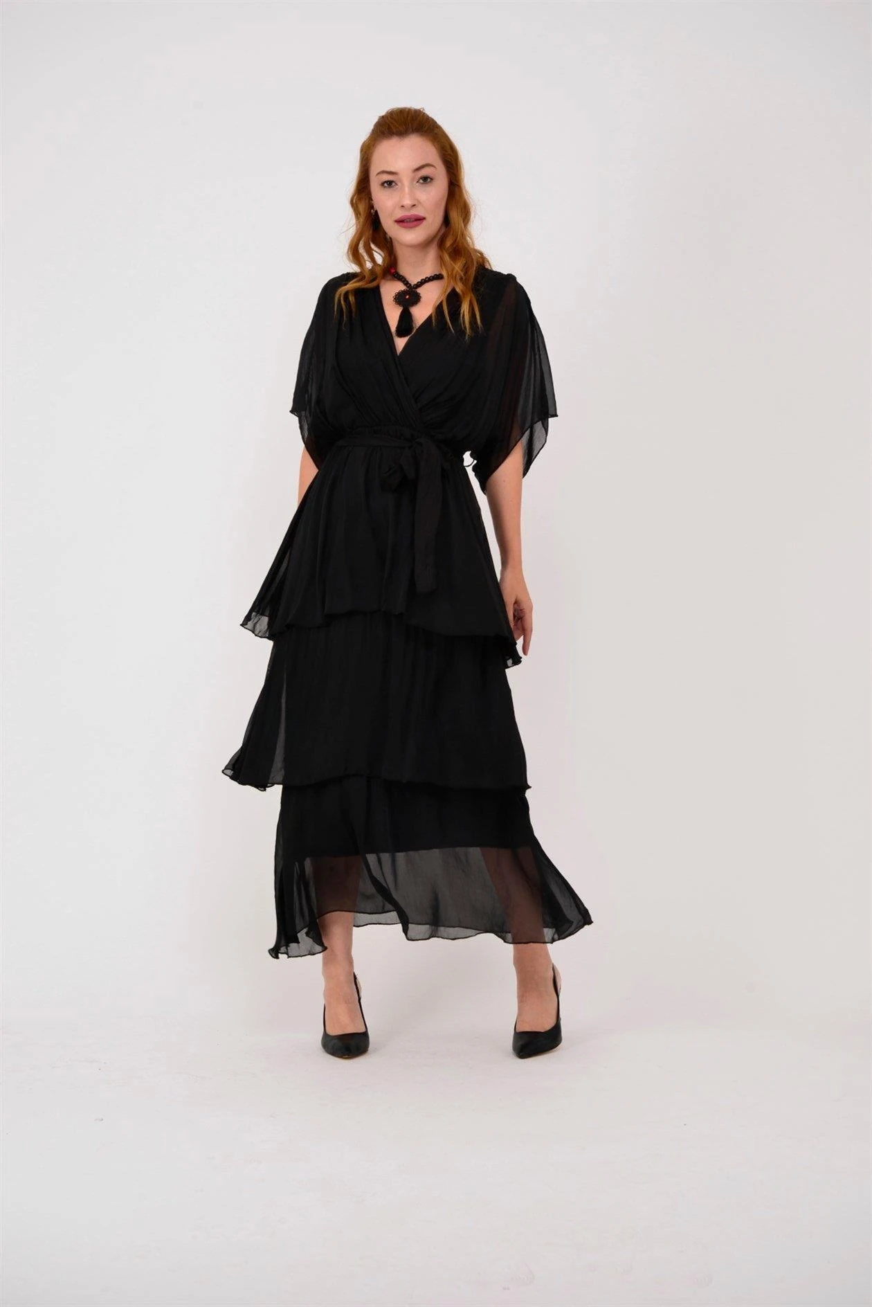 İtalyan İpek Belden Bağlamalı Elbise - SİYAH