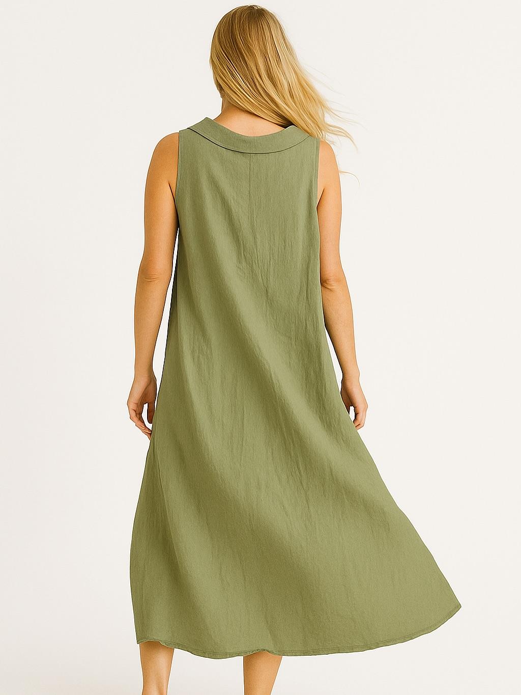 İtalyan Yaka Detaylı Keten Elbise - HAKİ