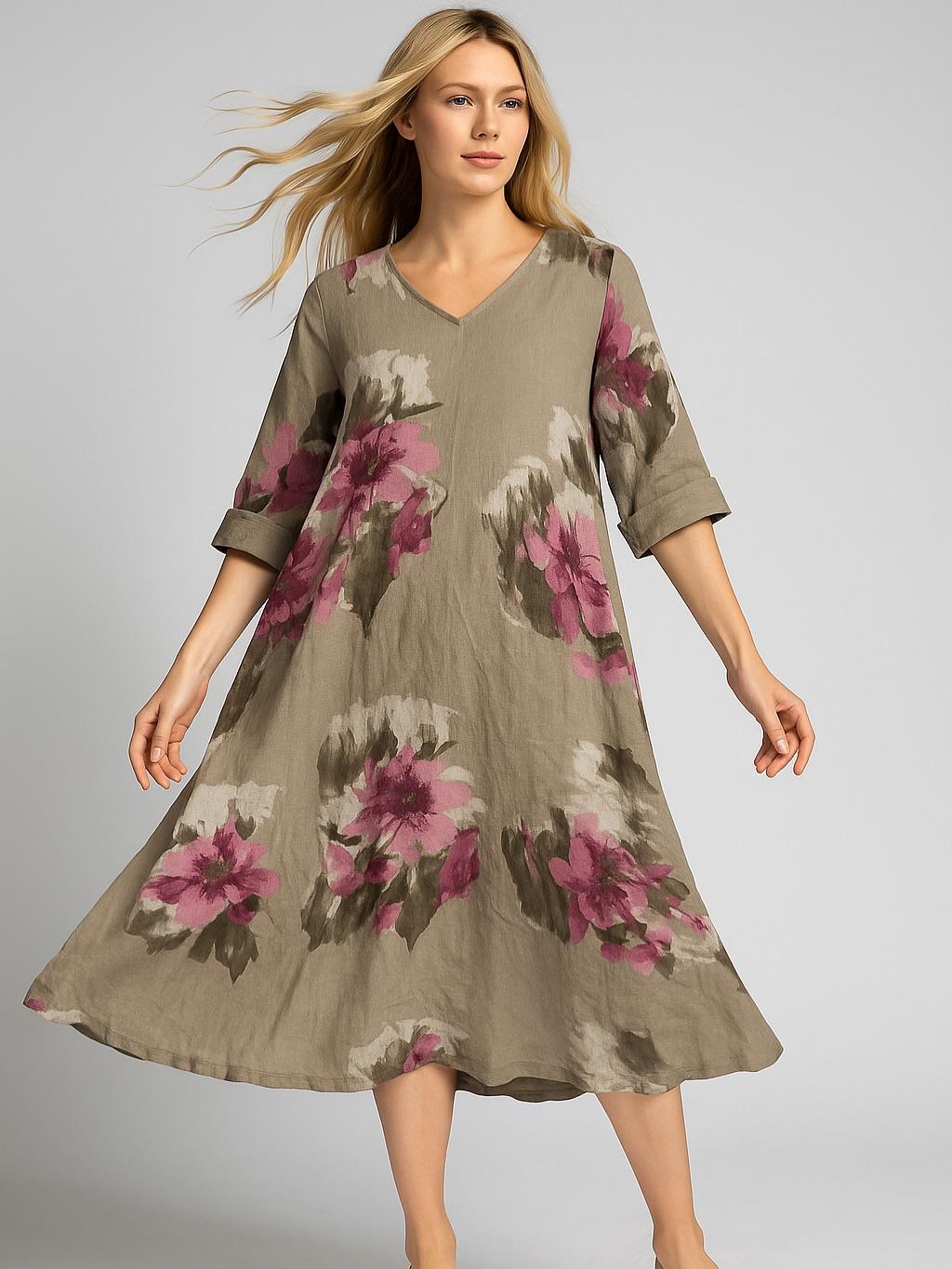İtalyan Çiçek Desenli Keten Elbise - VİZON