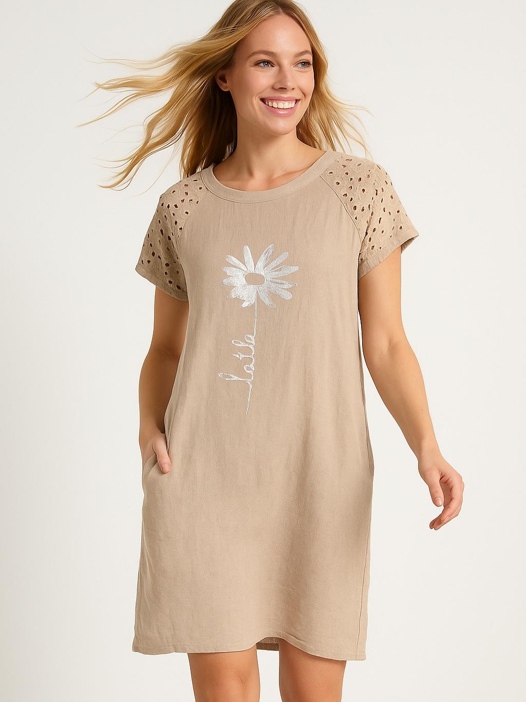 İtalyan Fisto Detaylı Keten Elbise - BEJ