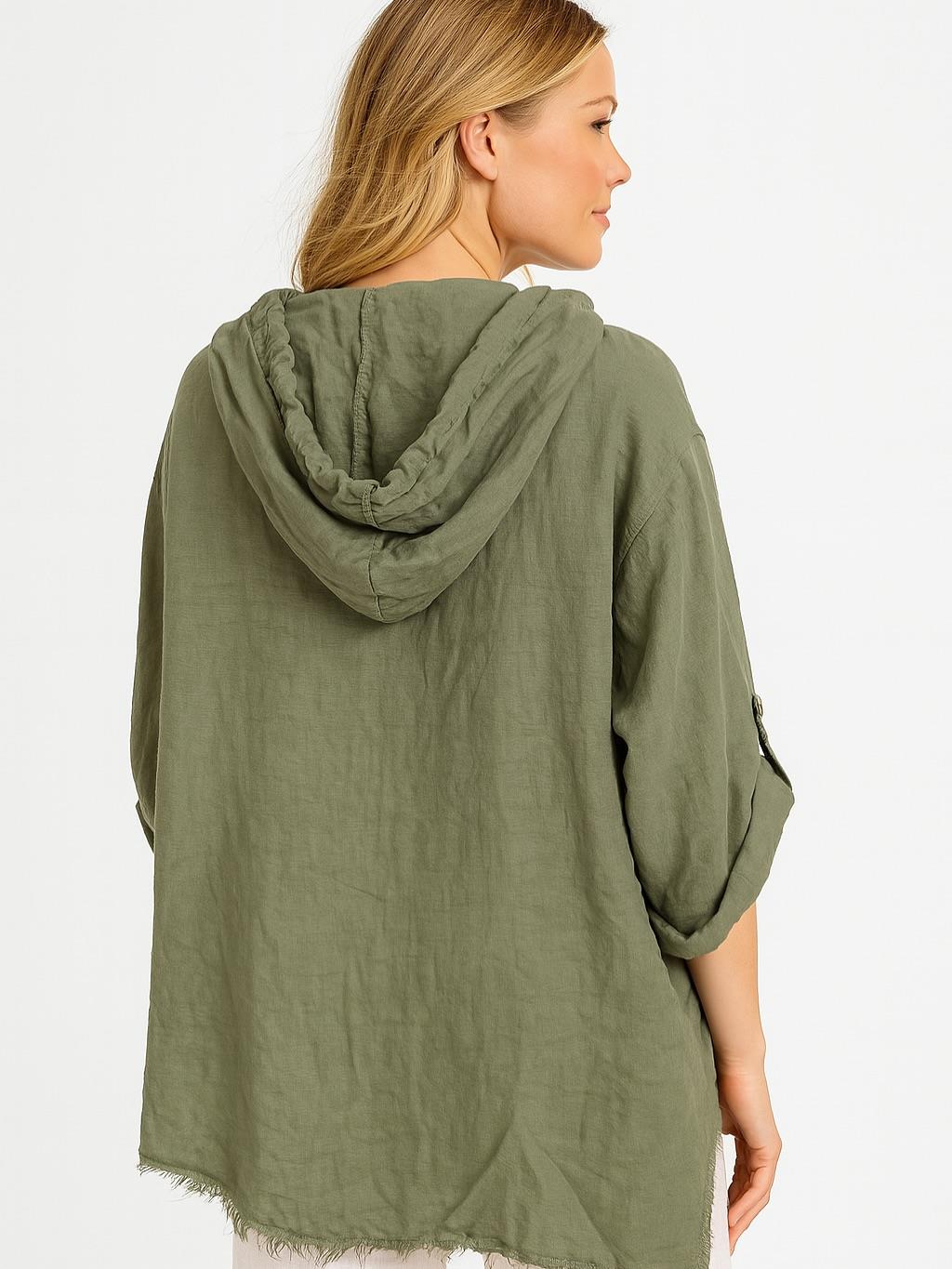 İtalyan Keten Kapüşonlu Ceket - HAKİ