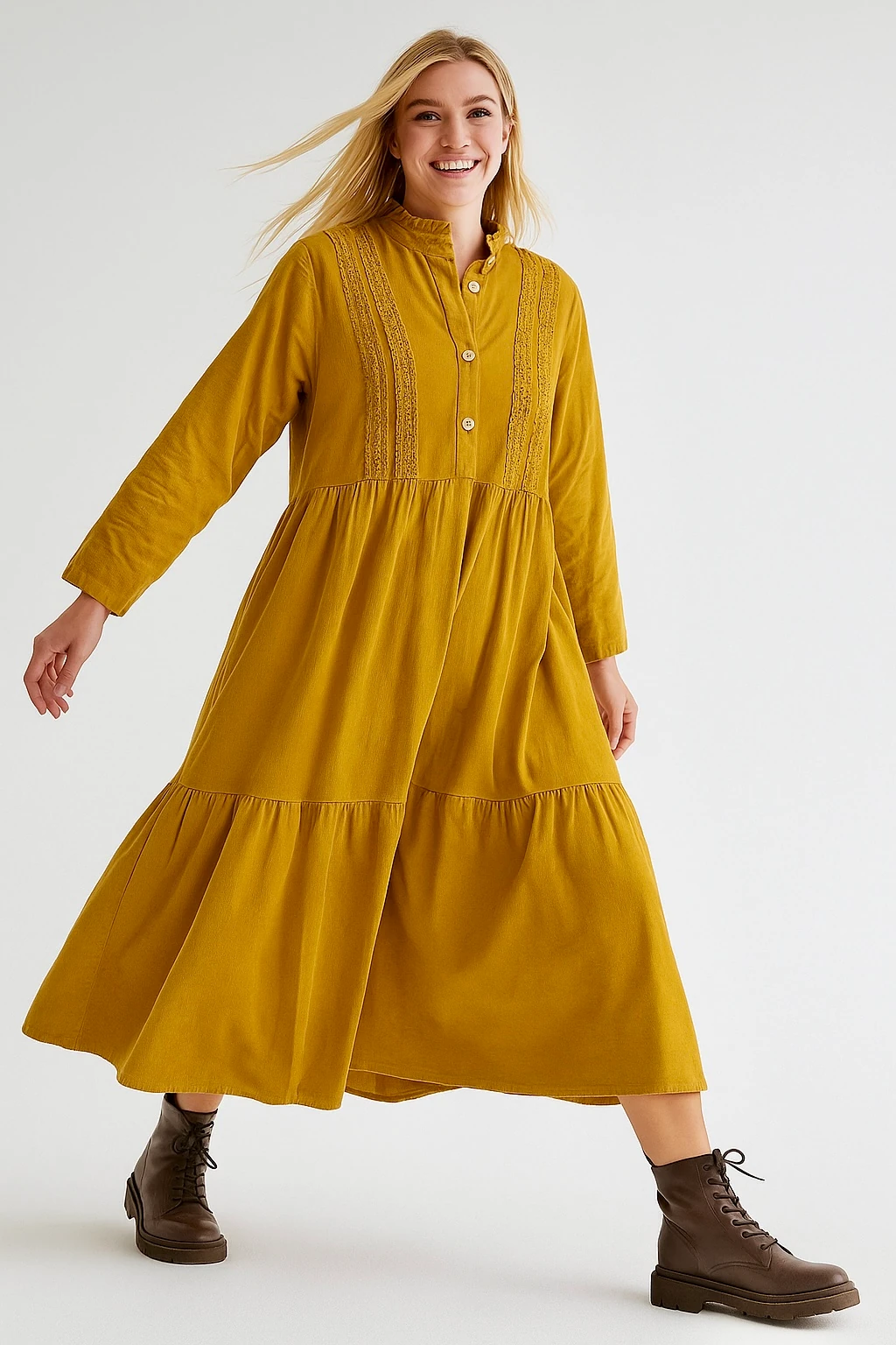 İtalyan Düğme Detaylı Kadife Elbise - HARDAL