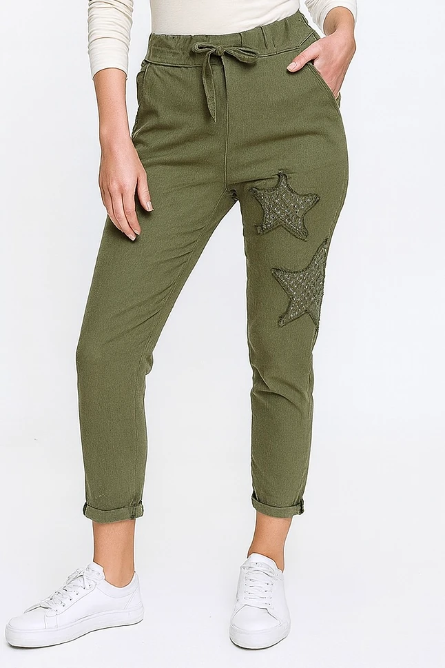 İtalyan Yıldız Detaylı Likralı Pantolon - HAKİ