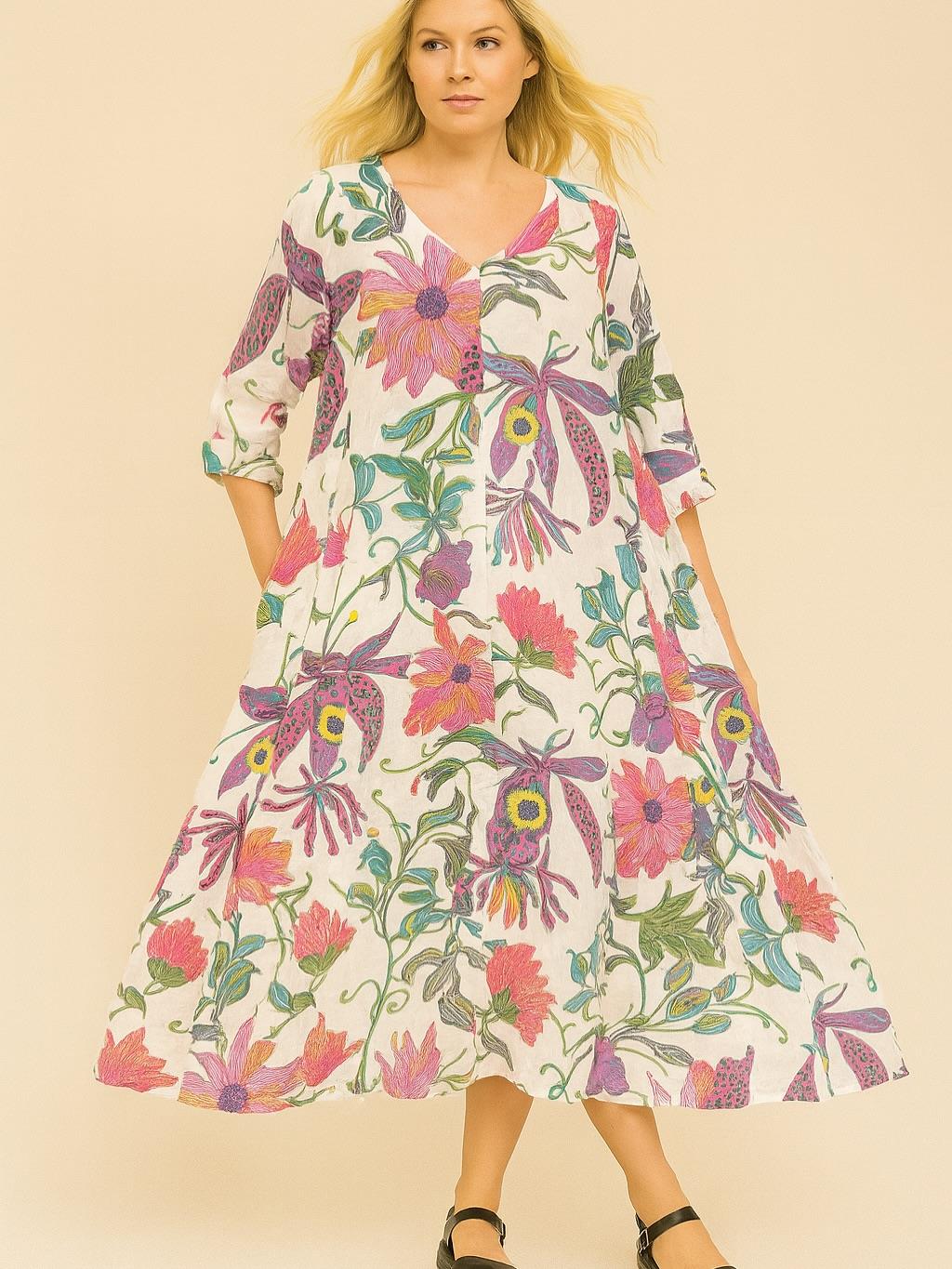İtalyan Çiçek Desenli Keten Elbise - BEYAZ