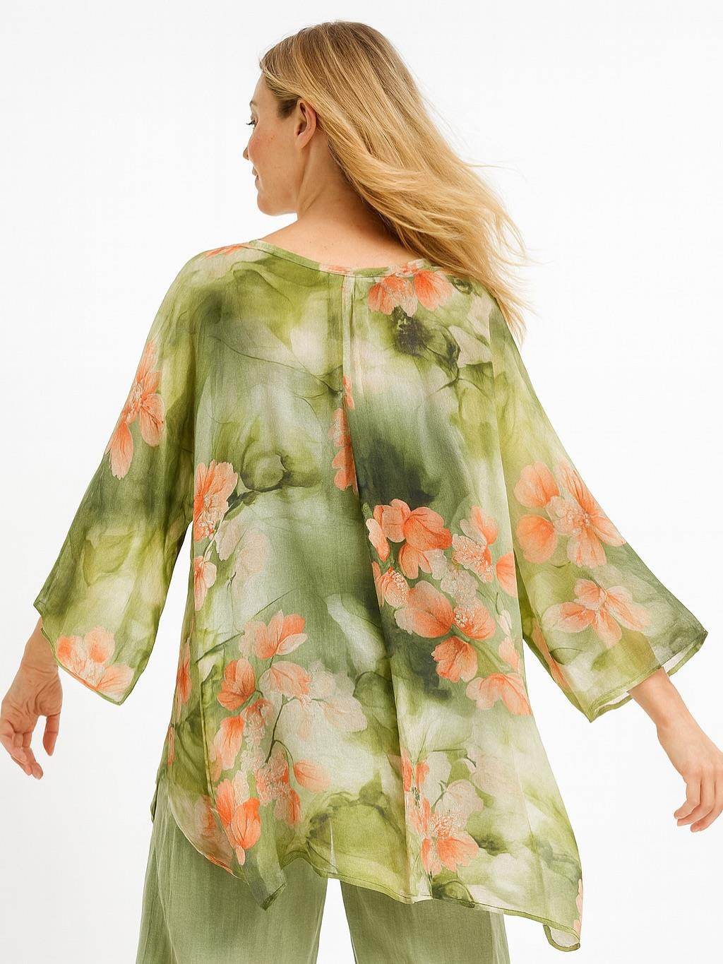 İtalyan Çiçek Desen İpek Bluz - YEŞİL