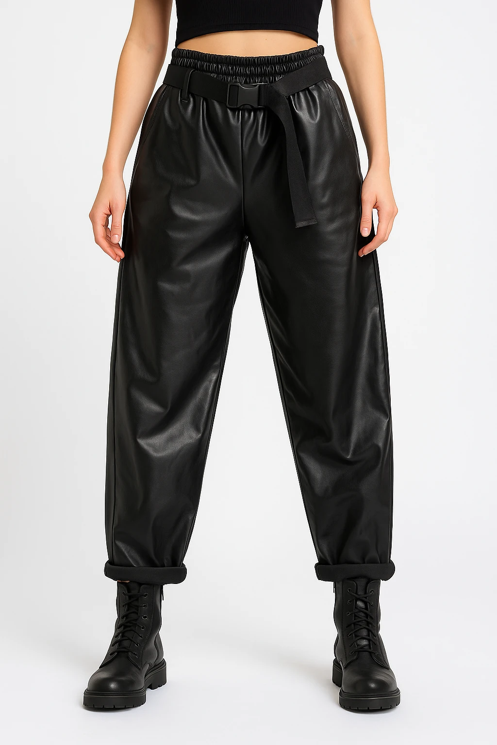 İtalyan Kemerli Deri Pantolon - SİYAH