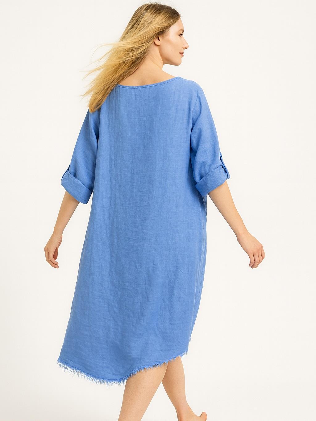 İtalyan Keten Dikiş Detaylı Elbise - MAVİ