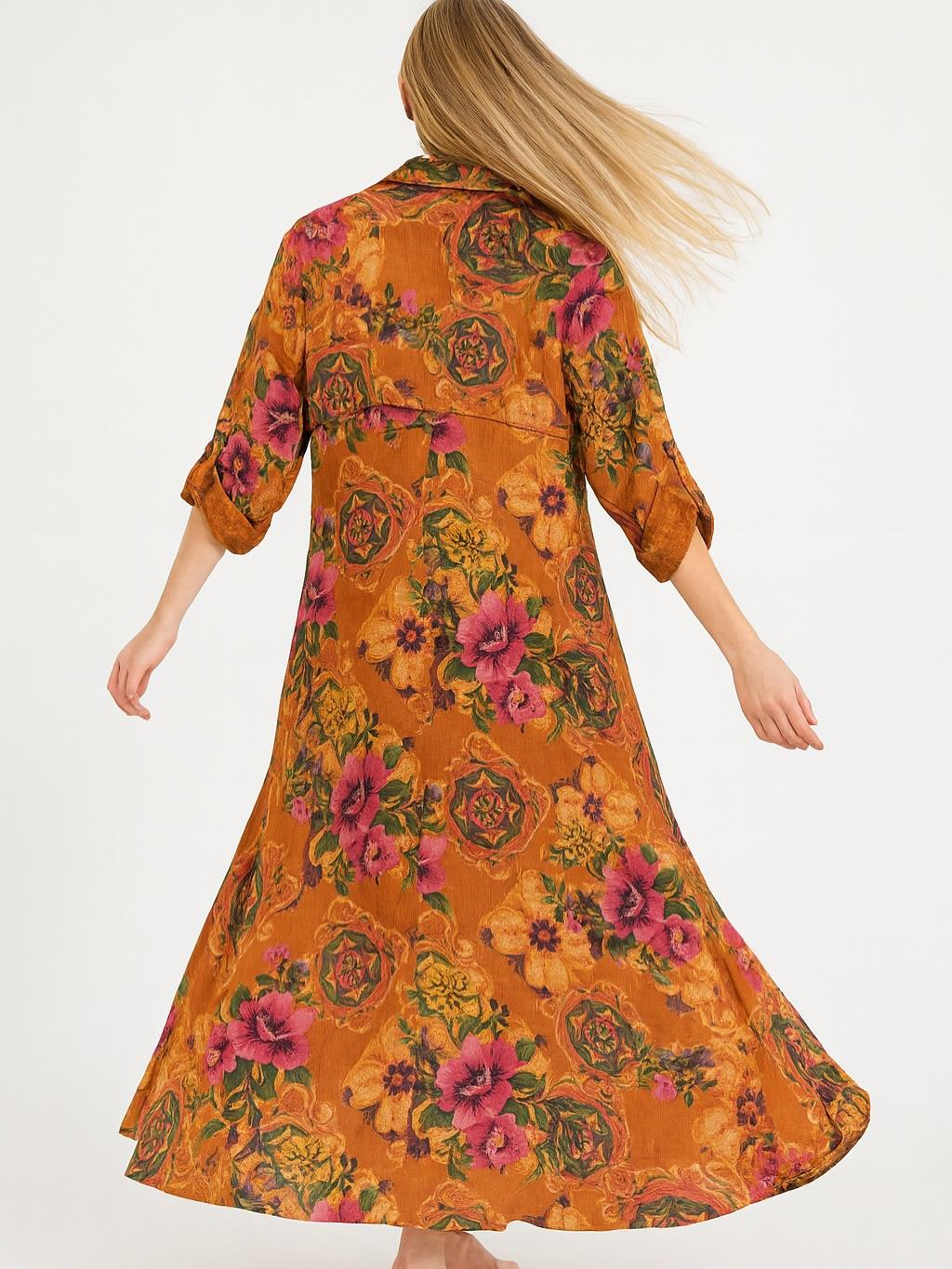 İtalyan Keten Çiçek Desenli Elbise - TUĞLA