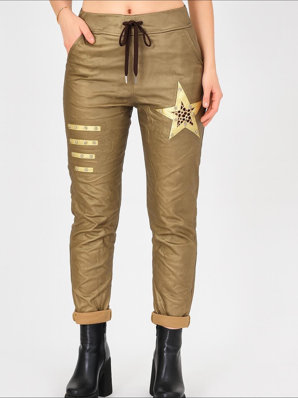İtalyan Likralı Yıldız Detaylı Deri Pantolon - GOLD