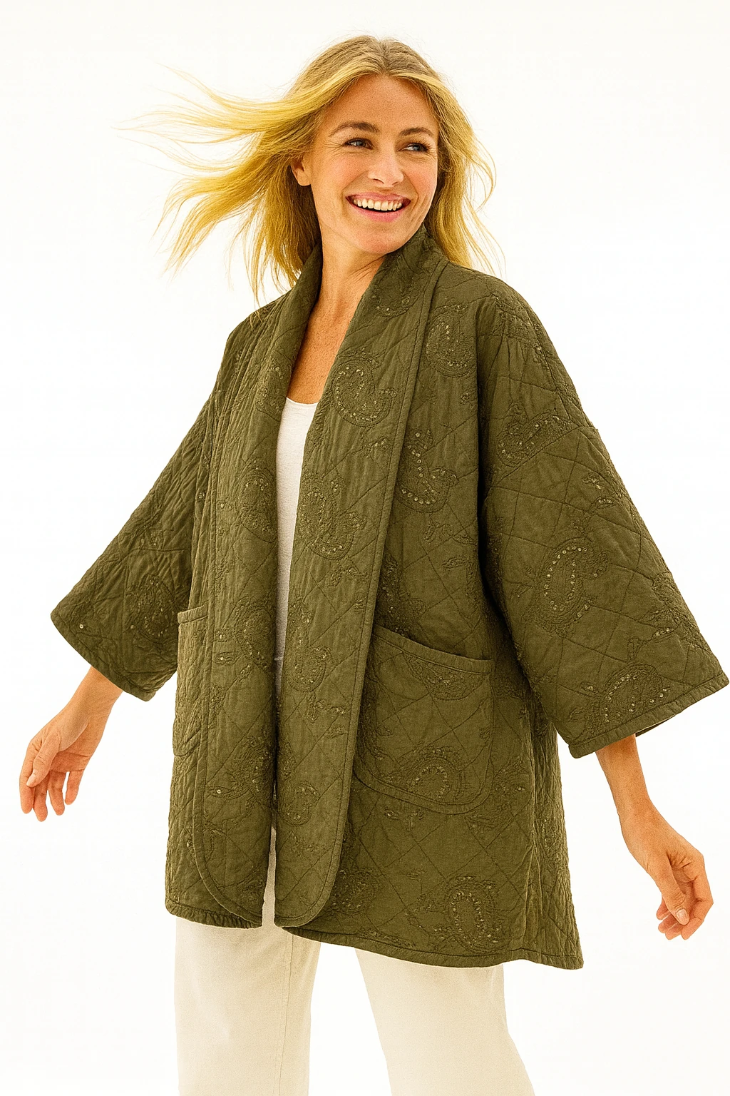 İtalyan Nakışlı Pul Payetli Kapitone Ceket - HAKİ