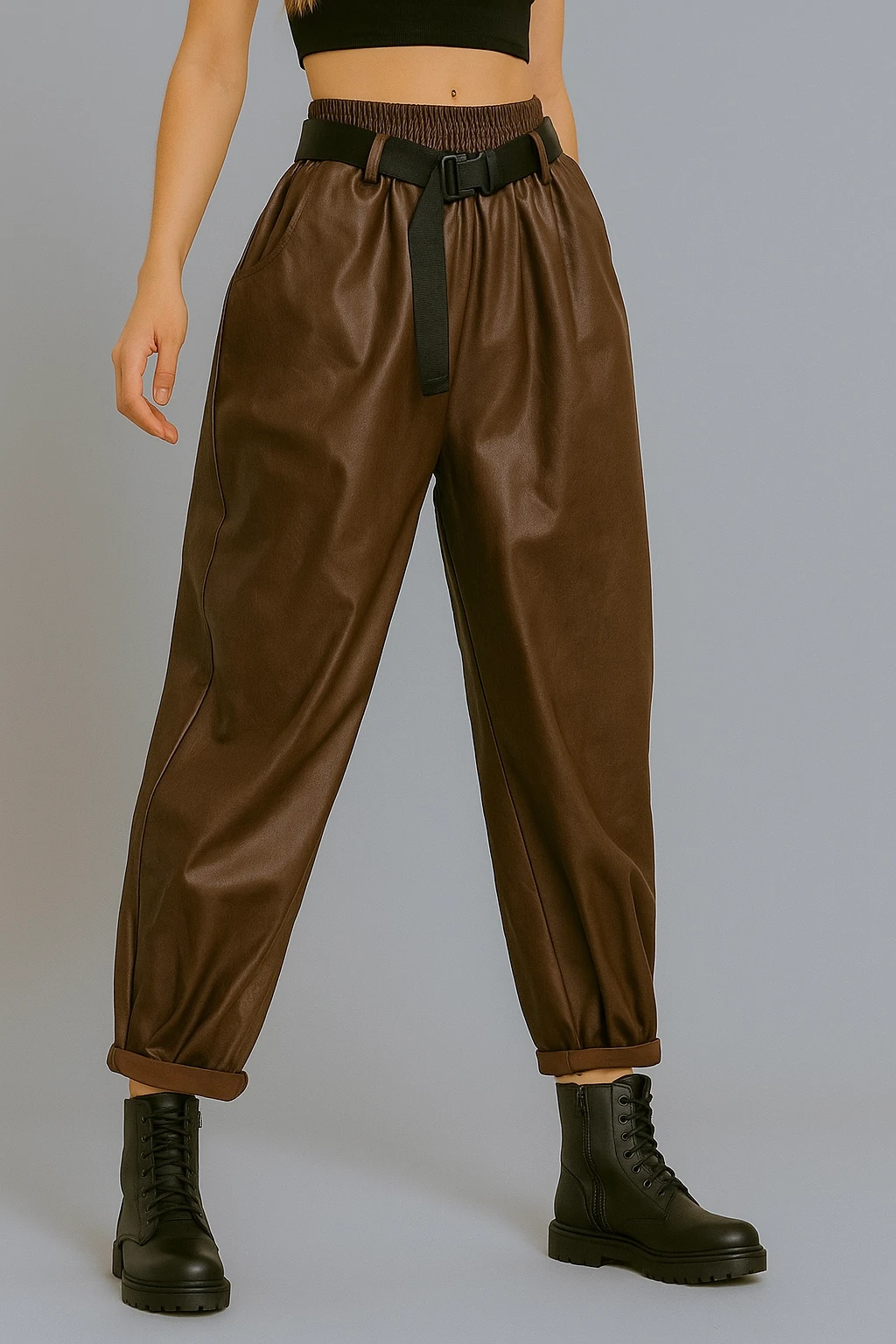 İtalyan Kemerli Deri Pantolon - KAHVERENGİ