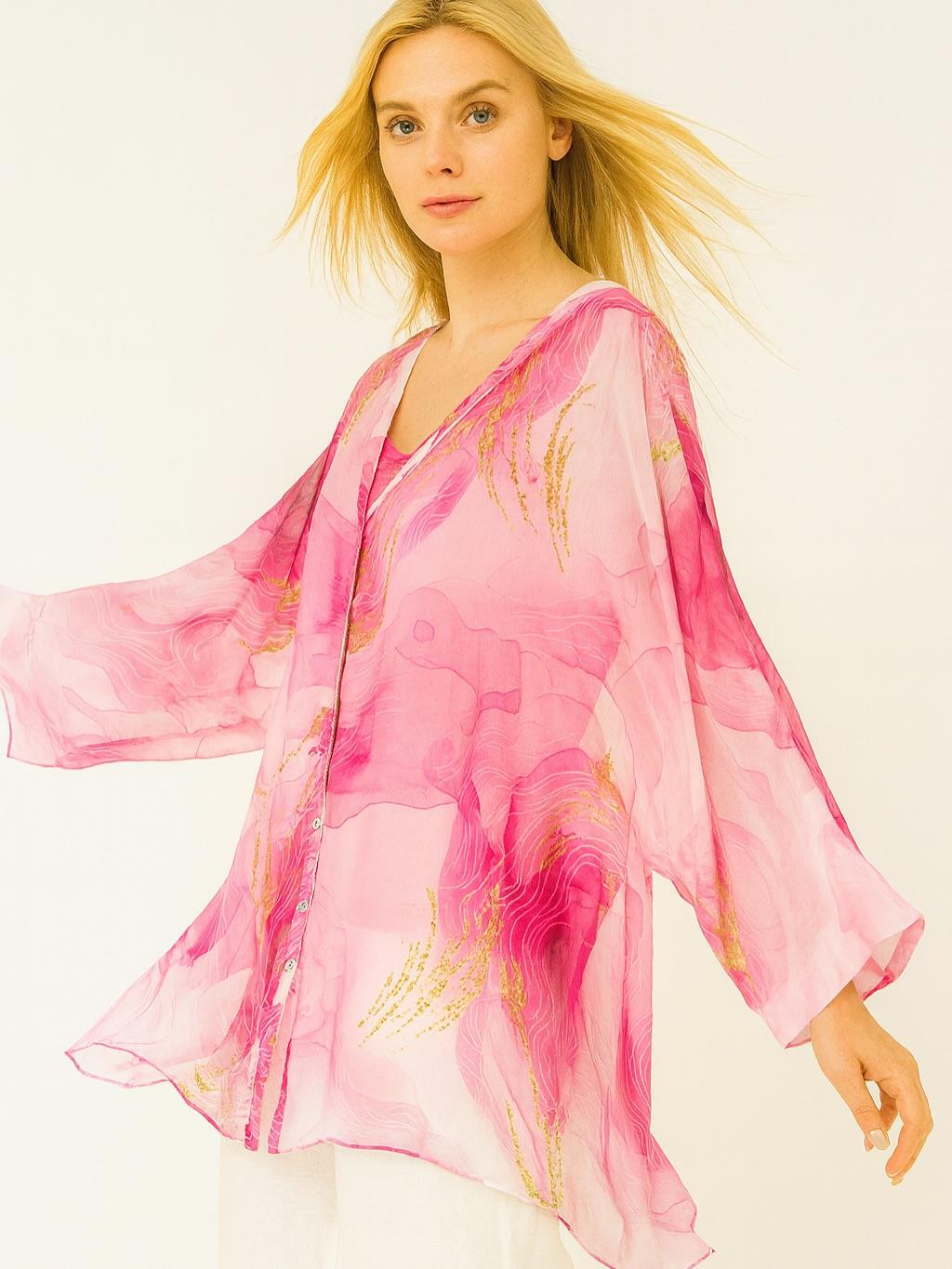 İtalyan Dalga Desen İpek Bluz - PEMBE