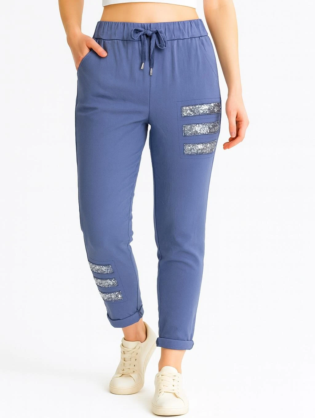 İtalyan Pul Payet Detaylı Likralı Pantolon - MAVİ