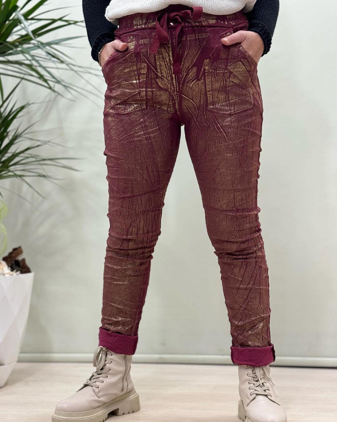 İtalyan Varak Baskılı Likralı Pantolon - BORDO