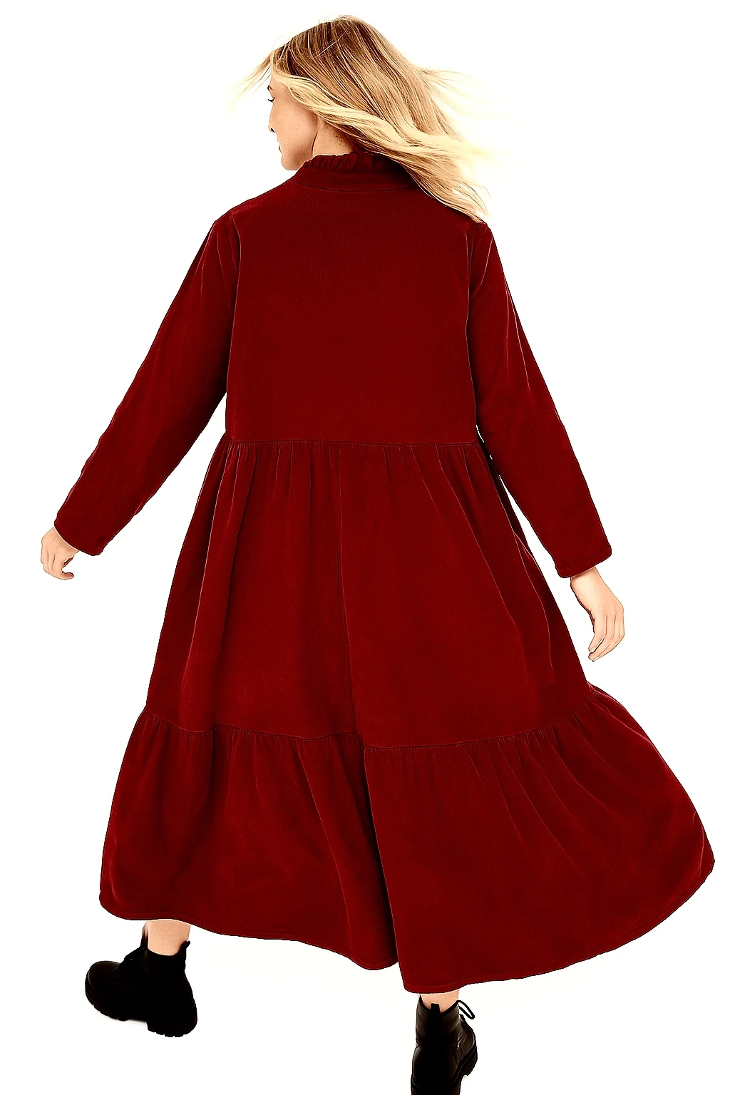 İtalyan Düğme Detaylı Kadife Elbise - BORDO