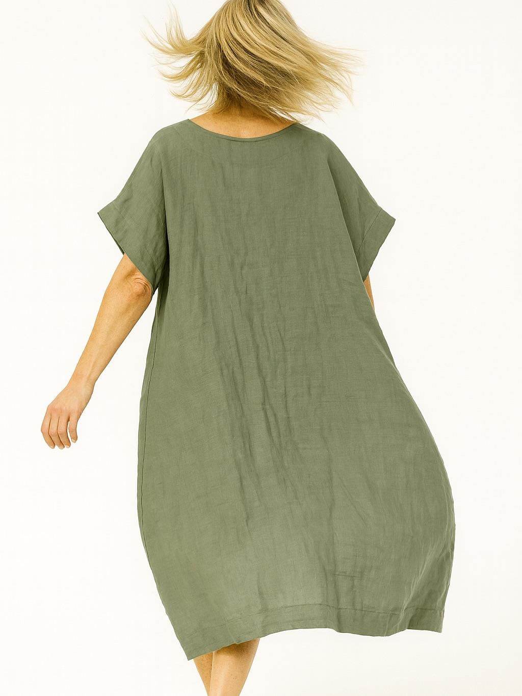 İtalyan Keten Toka Detaylı Elbise - HAKİ