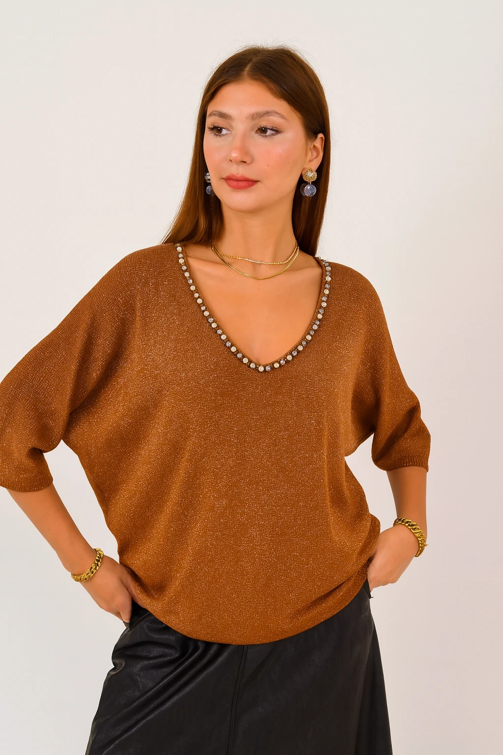 İtalyan V Yaka İşleme Detaylı Kazak - KİREMİT