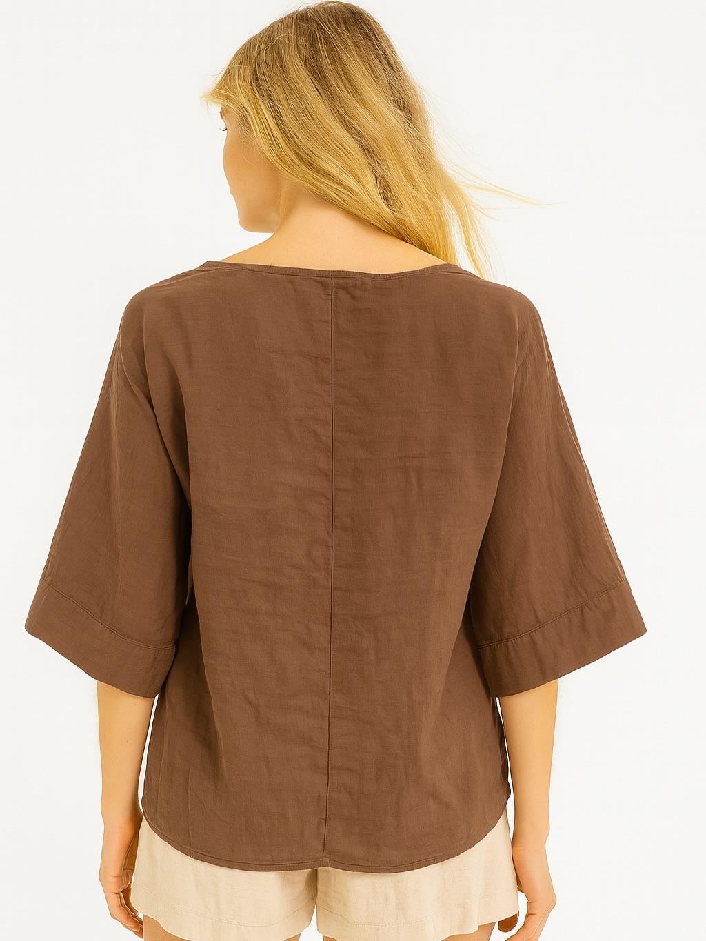 İtalyan Vual Pamuklu Kumaş Önden Bağlamalı Bluz - KAHVERENGİ