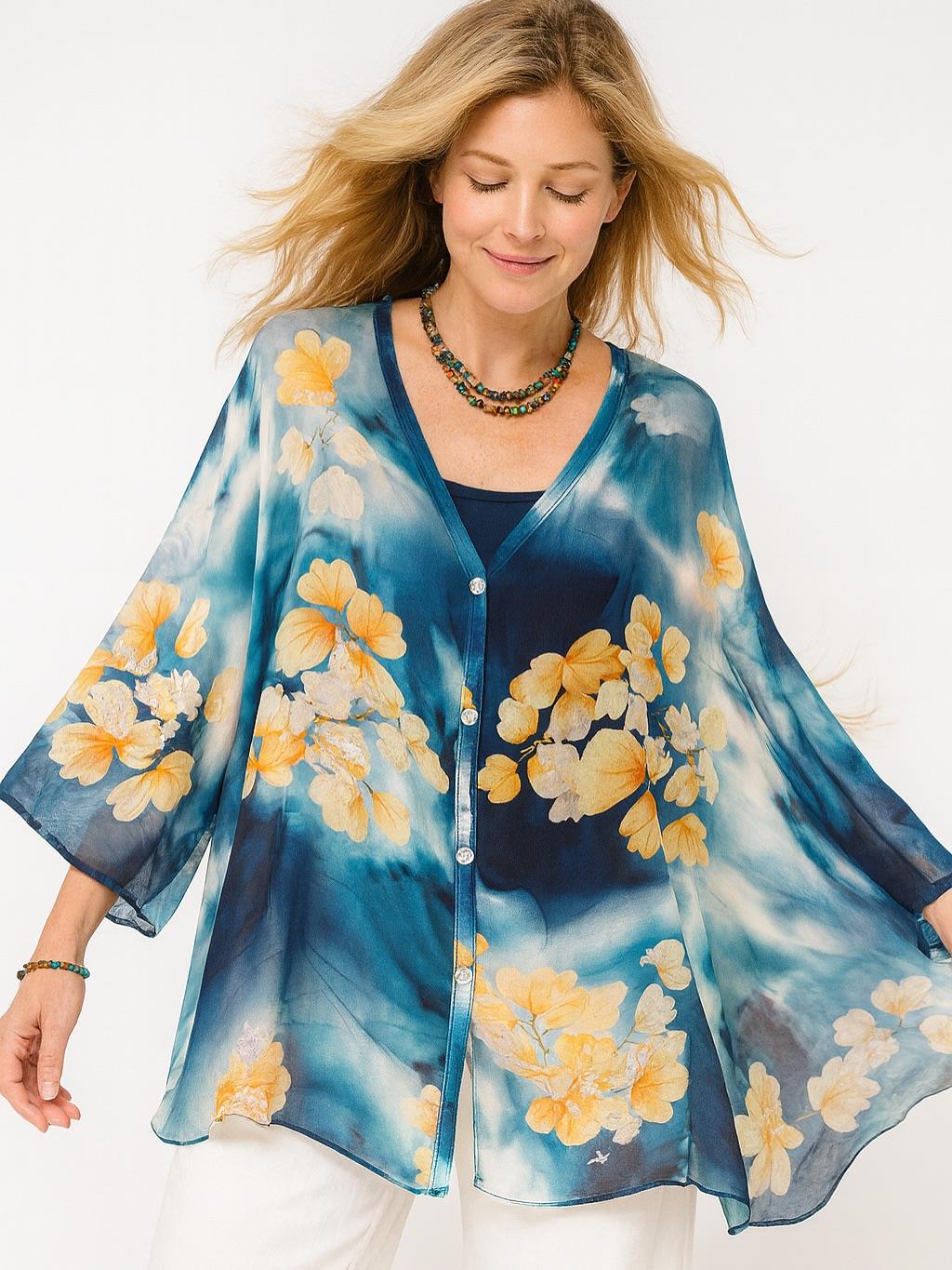 İtalyan Çiçek Desen İpek Bluz - KOYU MAVİ