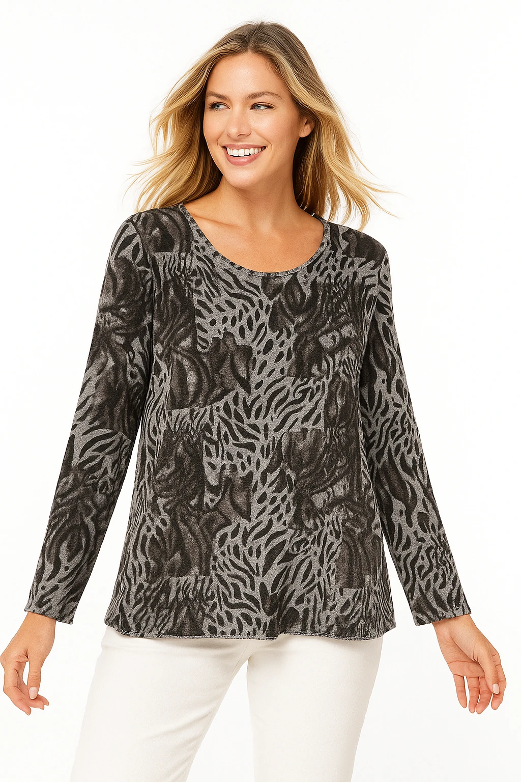 İtalyan Leopar Desen Triko Bluz - GRİ