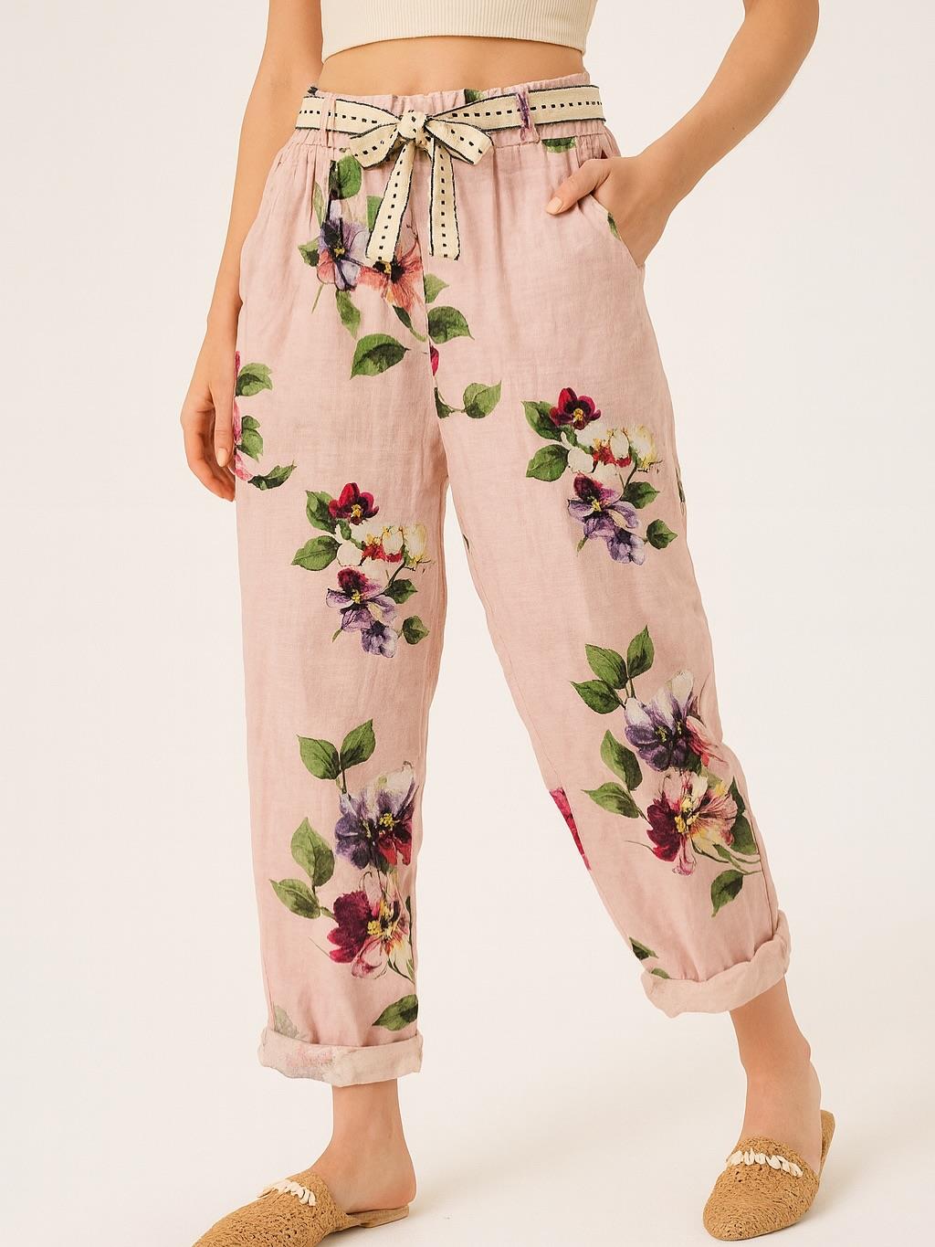 İtalyan Çiçek Desenli Havuç Keten Pantolon - PUDRA