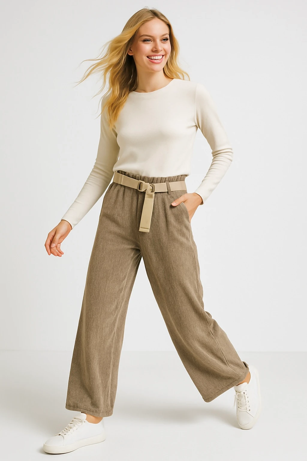 İtalyan Kadife Boru Paça Kemerli Pantolon - VİZON