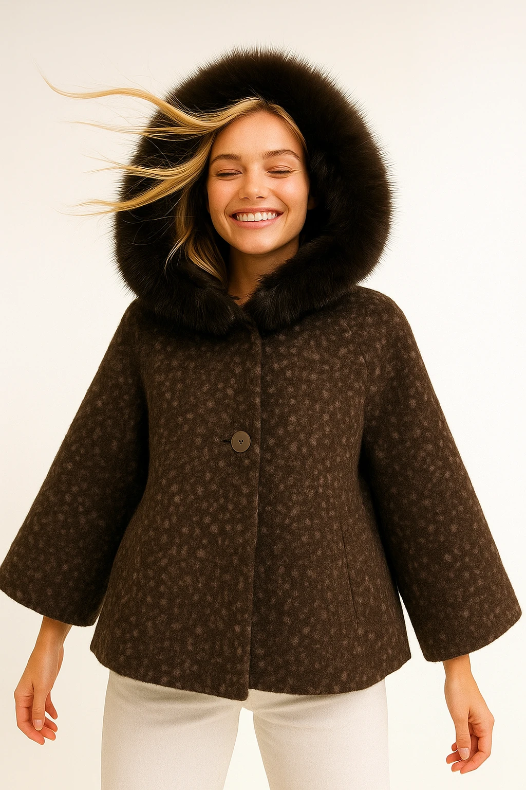 İtalyan Yaka Kürklü Kapüşonlu Keçe Ceket - KAHVERENGİ