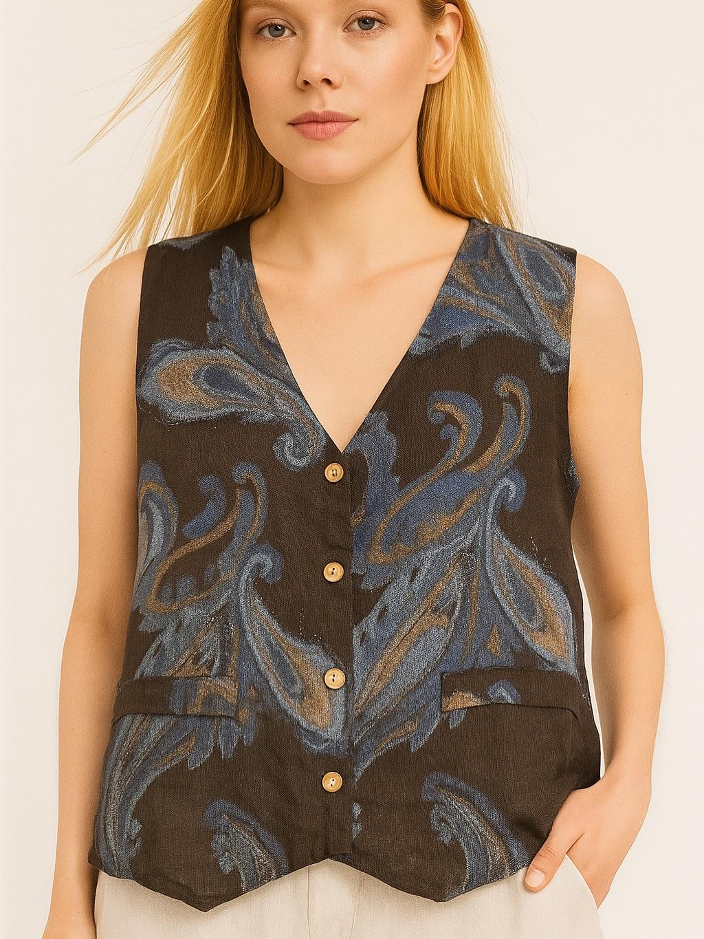 İtalyan Keten Yelek - KAHVERENGİ