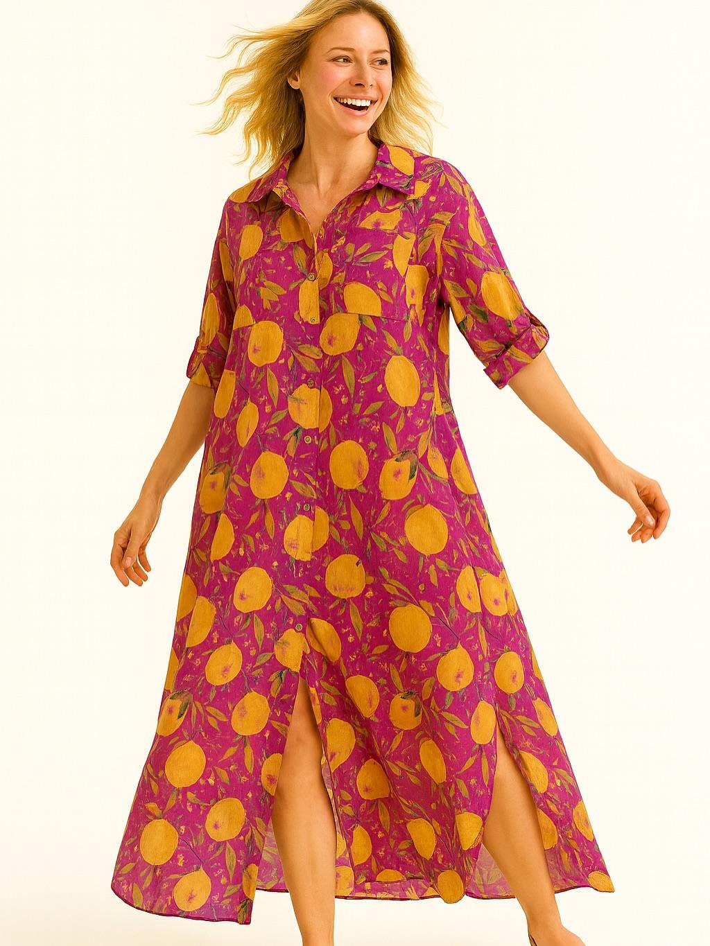 İtalyan Pamuk Limon Desen Elbise - FUŞYA
