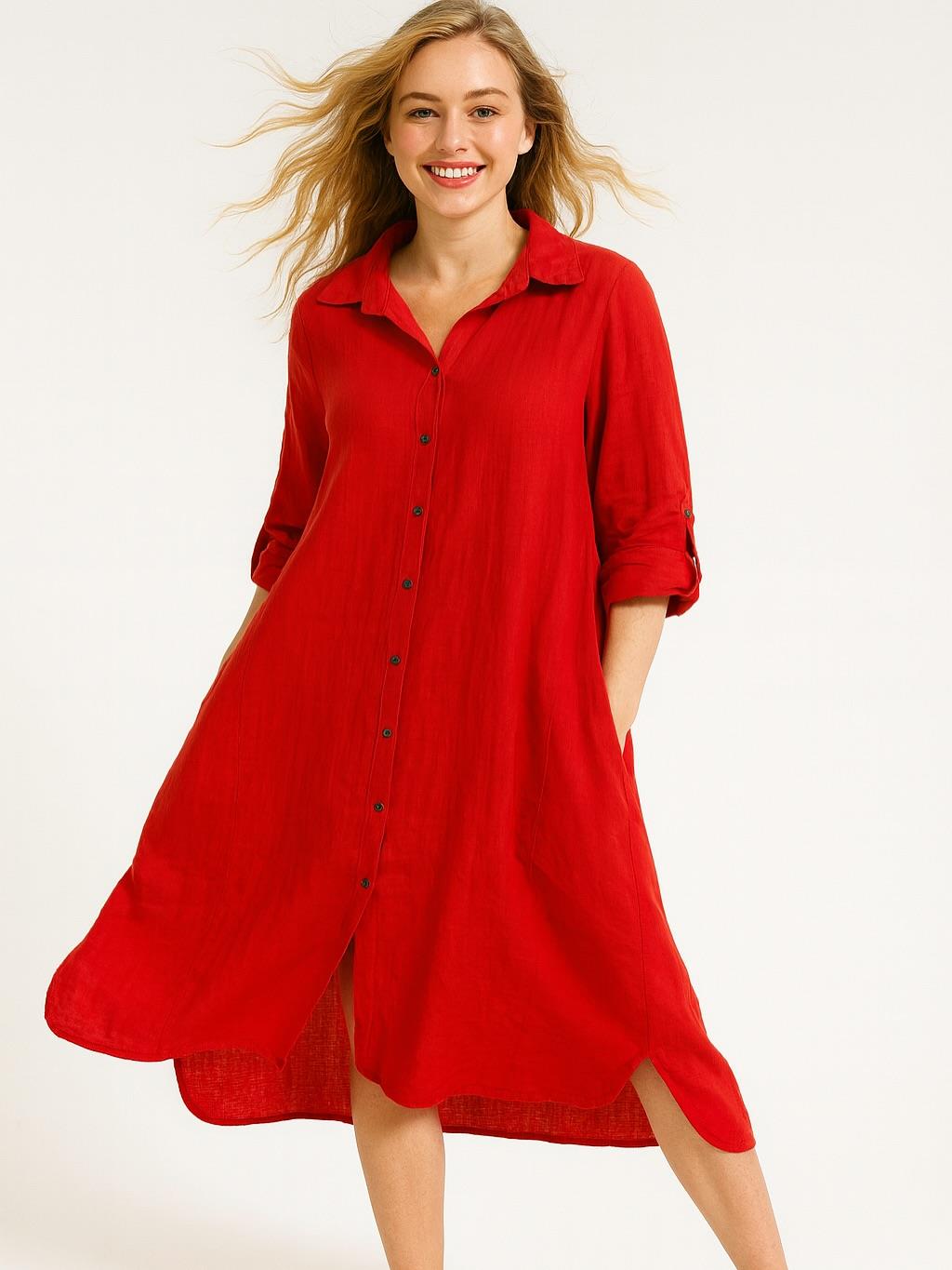 İtalyan Keten Gömlek Elbise - KIRMIZI