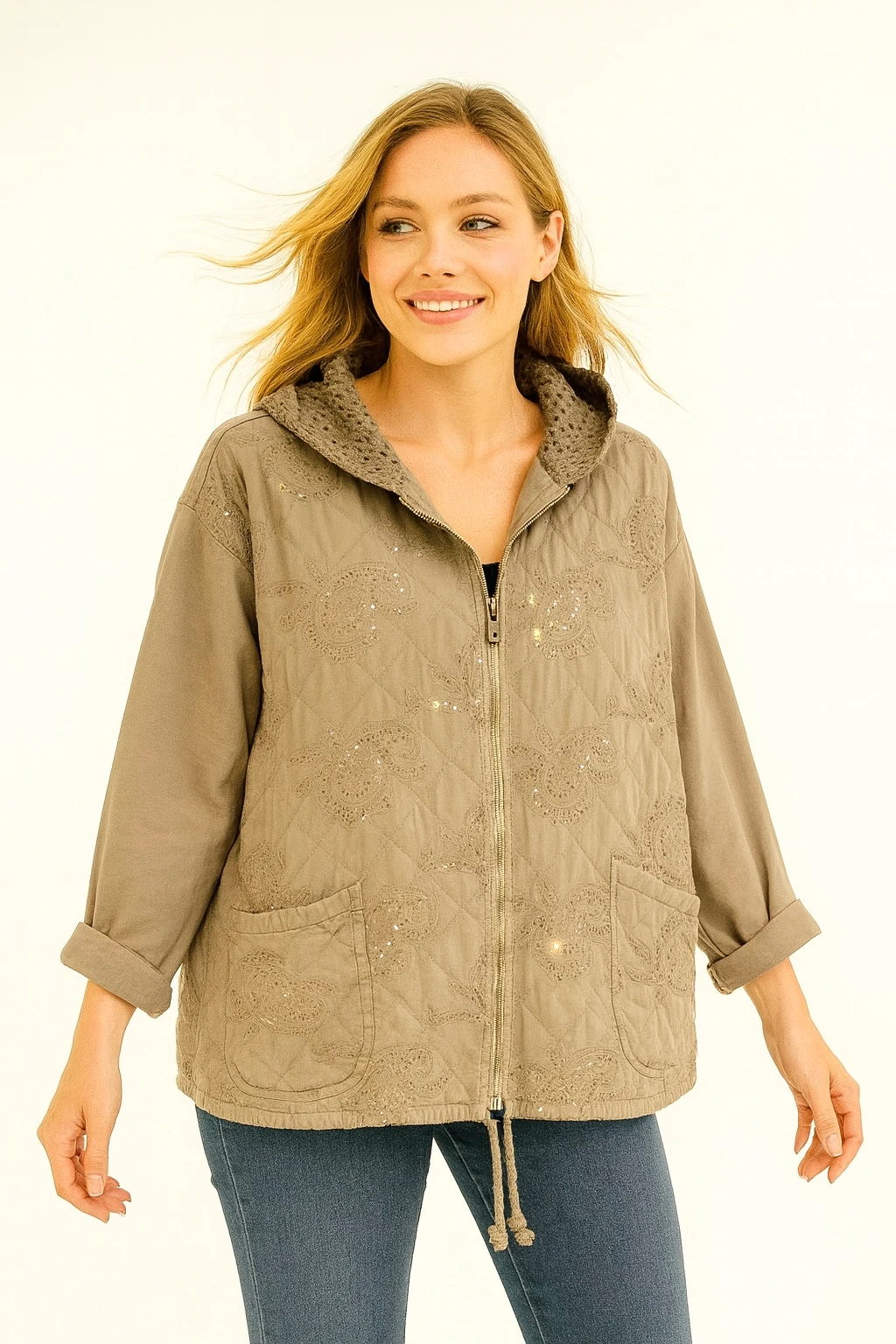 İtalyan Kapitone Nakış Detaylı Ceket - VİZON